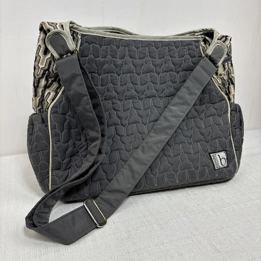 Cinda B Tote Bag Diaper Shoulder Bag Gray Quilted Adjustable Strap Snap Close‎